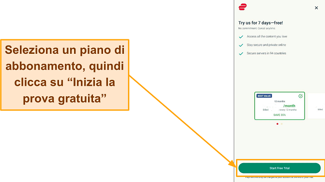 Screenshot della pagina di selezione del piano con il pulsante 