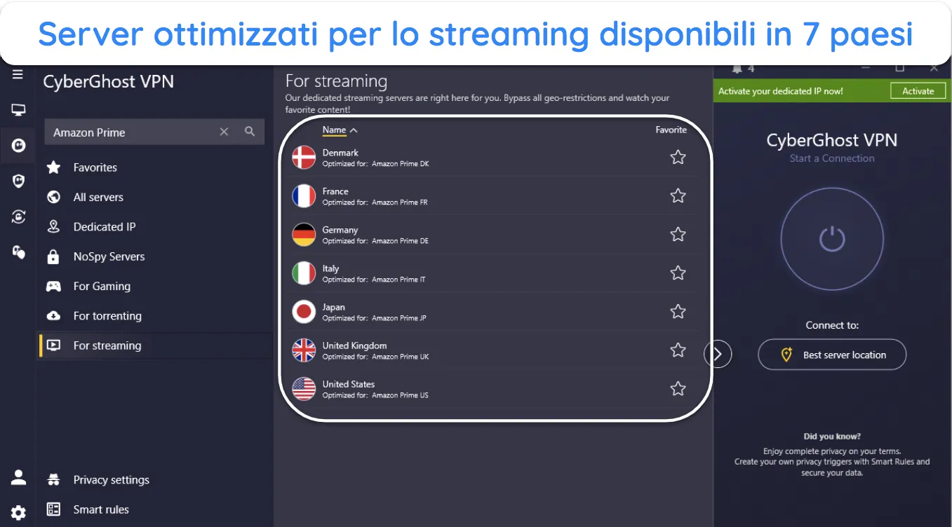 Immagine dell'app Windows di CyberGhost, che mostra le posizioni ottimizzate del server Amazon Prime Video.