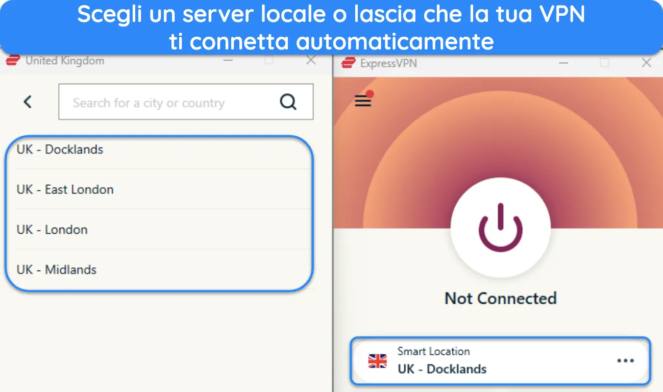 Immagine dell'app Windows di ExpressVPN che mostra la selezione del server nel Regno Unito e che evidenzia l'opzione di connessione Smart Location.