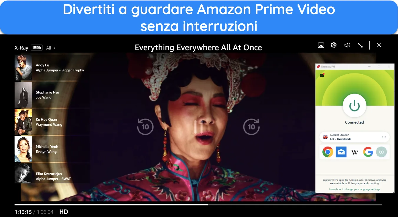 Immagine dello streaming di Amazon Prime Video "Tutto ovunque, tutto in una volta" con ExpressVPN connesso a un server nel Regno Unito.