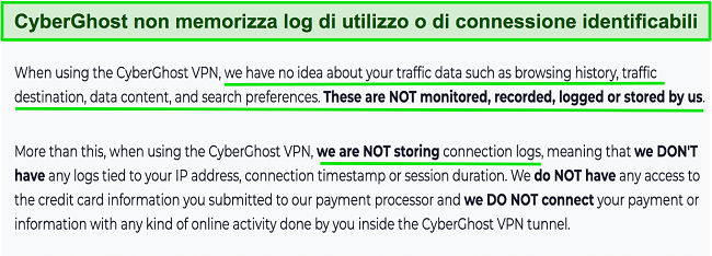 Screenshot dell'informativa sulla privacy di CyberGhost VPN