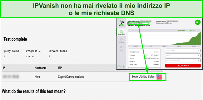 Immagine del leak test che mostra che IPVanish nasconde con successo l'indirizzo IP originale dell'utente