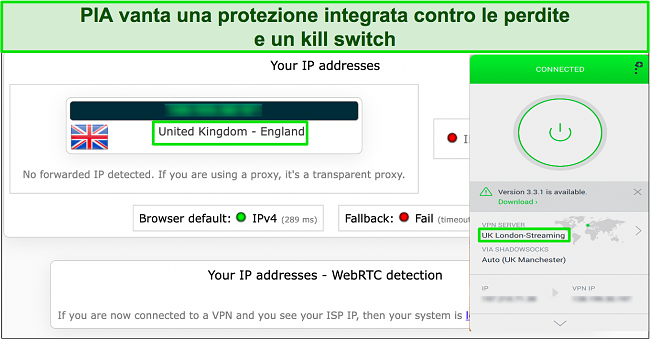 Immagine del test di tenuta che mostra che PIA nasconde con successo l'indirizzo IP originale dell'utente