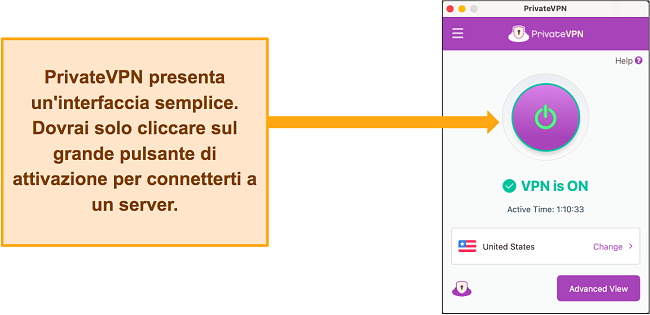 Immagine dell'interfaccia di PrivateVPN durante la connessione a un server