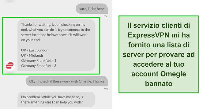 Screenshot della conversazione in chat dal vivo con il supporto di ExpressVPN riguardante i server consigliati per accedere all'account Omegle vietato