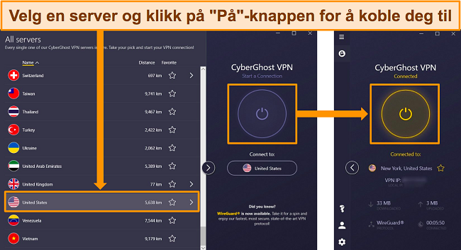 Skjermbilder av CyberGhosts servermeny som viser hvordan du kobler til en amerikansk server.