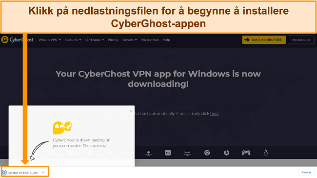 Skjermbilde av CyberGhost-appen som lastes ned til en Windows-enhet.