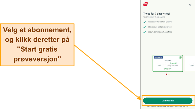 Skjermbilde av planvalgsiden med 