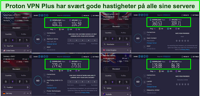 Skjermbilde av Proton VPN-hastighetstester som viser servere i USA, Storbritannia, Tyskland og Australia