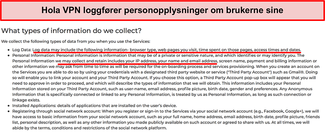 Skjermbilde av Hola VPN personvernregler som viser at den logger IP-adresse