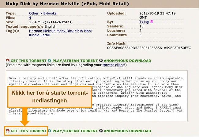 Skjermbilde av torrent-nedlastingssiden på The Pirate Bay