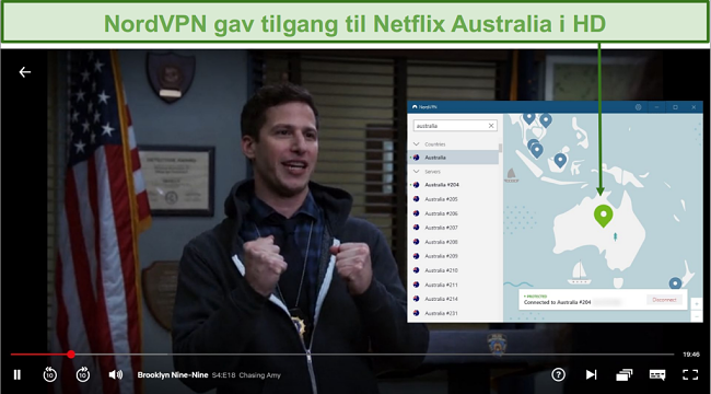 Skjermbilde av NordVPN som blokkerer Netflix Australia mens du spiller Brooklyn Nine-Nine