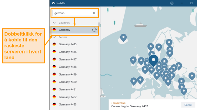 Skjermbilde av NordVPN Tyskland servervalg