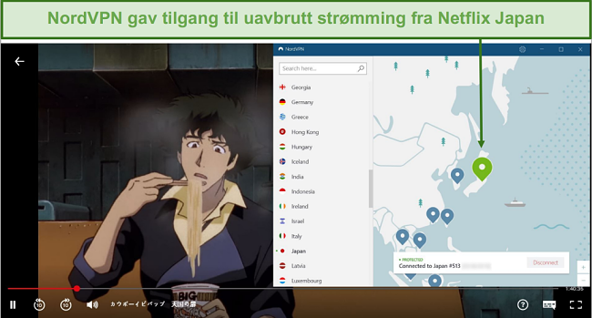 Skjermbilde av NordVPN som blokkerer Netflix Japan mens du spiller Cowboy Bebop