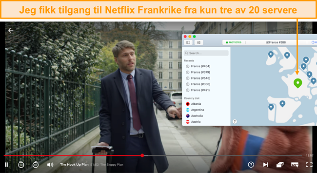 Skjermbilde av NordVPN som blokkerer Netflix France og streamer The Hook Up Plan