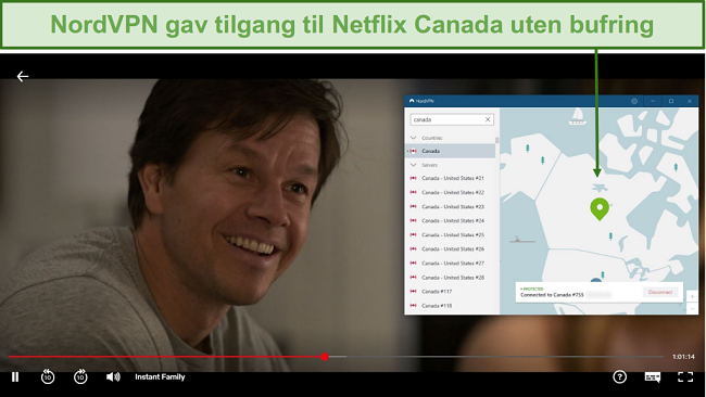 Skjermbilde av NordVPN som blokkerer Netflix Canada mens du spiller Instant Family