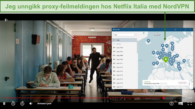 Skjermbilde av NordVPN som blokkerer Netflix Italia mens du spiller Arrivano i Prof