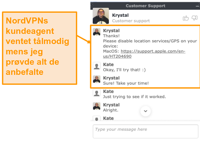 Skjermbilde av NordVPN live chat-funksjonen for kundesupport