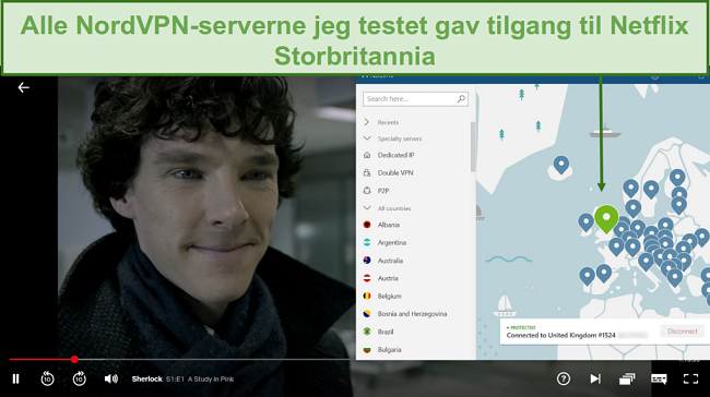 Skjermbilde av NordVPN som blokkerer Netflix UK mens du spiller Sherlock