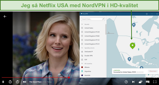 Skjermbilde av The Good Place-streaming på Netflix med NordVPN koblet til en amerikansk server