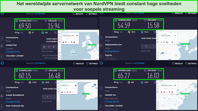 Screenshots van Ookla-snelheidstestresultaten met NordVPN verbonden met servers in het VK, Zuid-Korea, Australië en de VS.