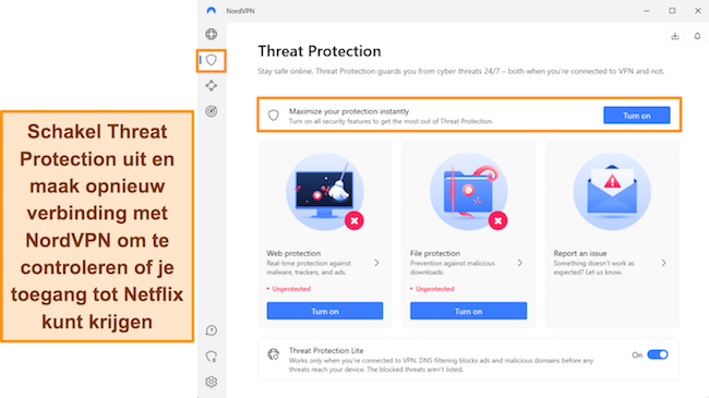 Afbeelding van de Windows-app van NordVPN, met de Threat Protection-functie en de schakelaar om deze in en uit te schakelen.