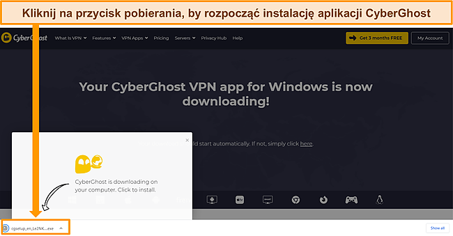 Zrzut ekranu pobierania aplikacji CyberGhost na urządzenie z systemem Windows.