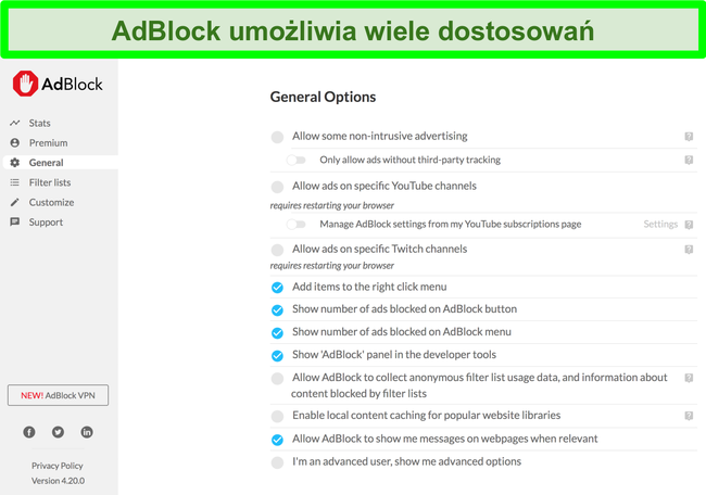 Zrzut ekranu przedstawiający wiele opcji dostosowywania AdBlock