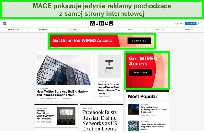 Zrzut ekranu przedstawiający MACE blokujący większość reklam w witrynie Wired