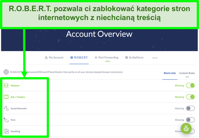 Zrzut ekranu strony ustawień Winscribe wyświetlającej opcje blokowania reklam, złośliwego oprogramowania i kategorii witryn internetowych