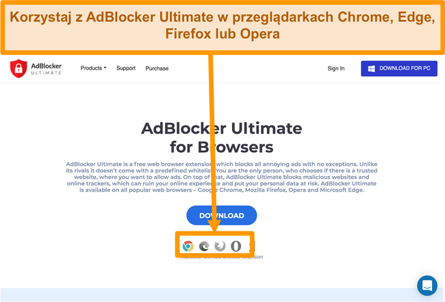 Zrzut ekranu strony internetowej AdBlocker Ultimate wyświetlającej 4 dostępne rozszerzenia przeglądarki