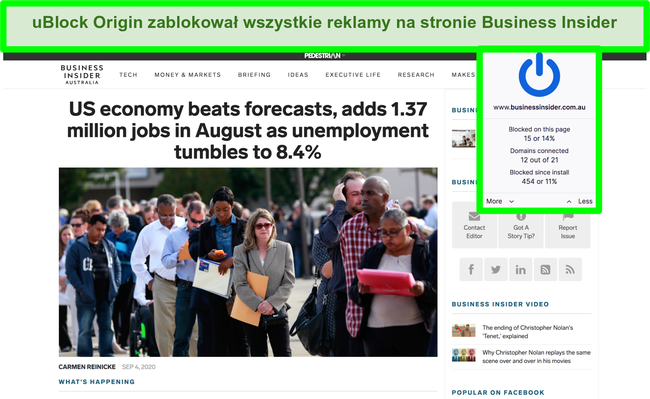 Zrzut ekranu przedstawiający uBlock Origin blokujący wszystkie reklamy w Business Insider