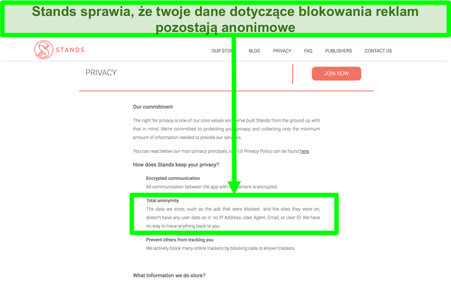 Zrzut ekranu strony internetowej Stands z informacją, że dane na temat zablokowanych reklam nigdy nie są łączone z danymi osobowymi użytkowników