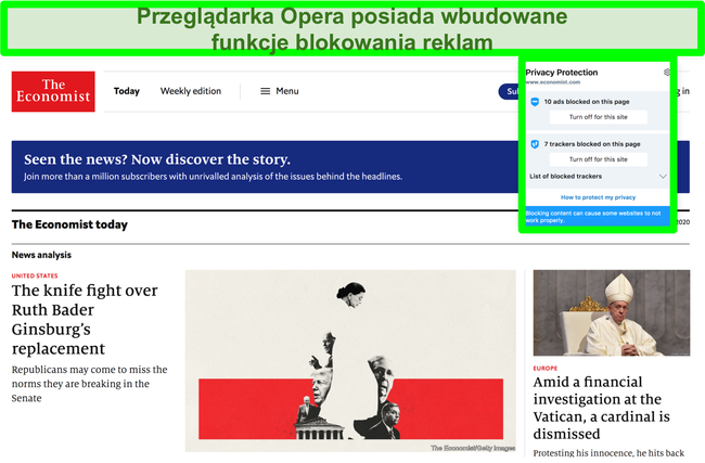 Zrzut ekranu przedstawiający wbudowany bloker reklam przeglądarki Opera, który usuwa reklamy ze strony TechCrunch