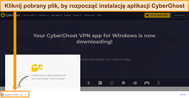 Zrzut ekranu przedstawiający pobieranie aplikacji CyberGhost na urządzenie z systemem Windows.