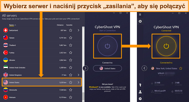 Zrzuty ekranu przedstawiające menu serwera CyberGhost ze szczegółowym opisem sposobu łączenia się z serwerem w USA.