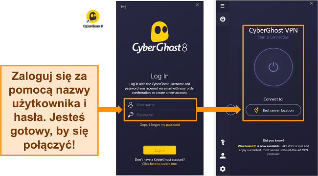 Zrzut ekranu aplikacji CyberGhost dla systemu Windows z podświetloną sekcją nazwy użytkownika i hasła.