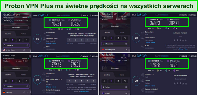 Zrzut ekranu z testów prędkości Proton VPN pokazujących serwery w USA, Wielkiej Brytanii, Niemczech i Australii