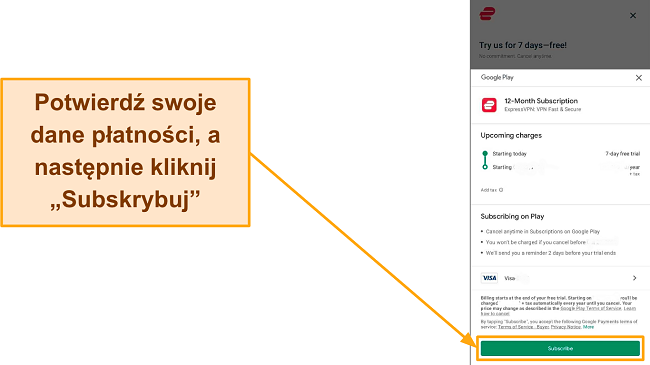 Zrzut ekranu końcowego potwierdzenia rejestracji w Google Play z podświetlonym przyciskiem Subskrybuj.