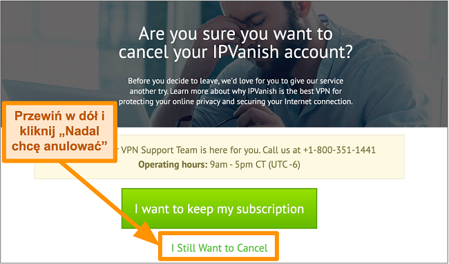 Zrzut ekranu przedstawiający potwierdzenie anulowania IPVanish na pulpicie