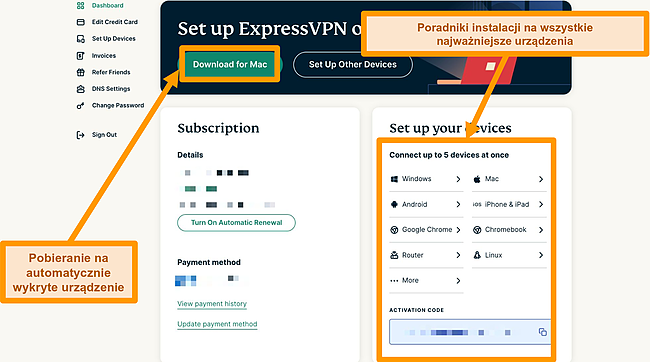 Zrzut ekranu pobierania ExpressVPN dla przycisków Mac i instrukcji konfiguracji urządzenia.