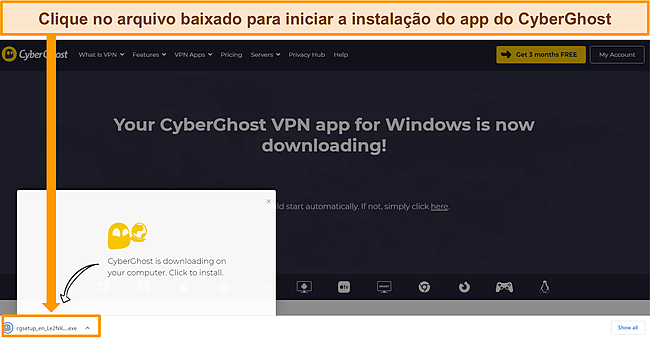 Captura de tela do download do aplicativo CyberGhost em um dispositivo Windows.