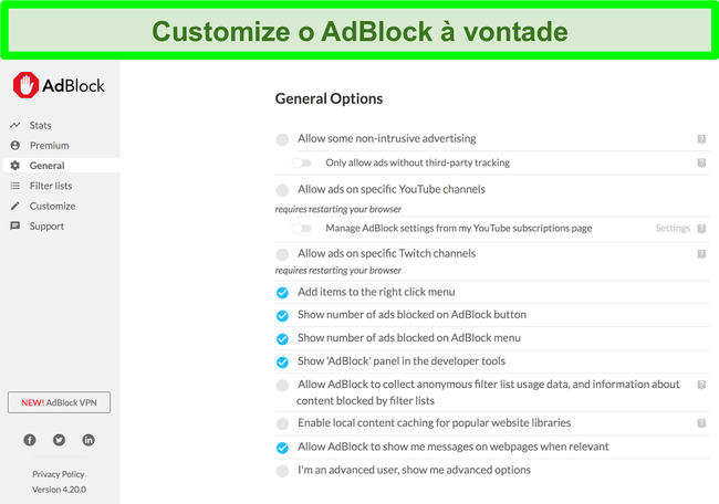 Captura de tela mostrando as várias opções de personalização do AdBlock