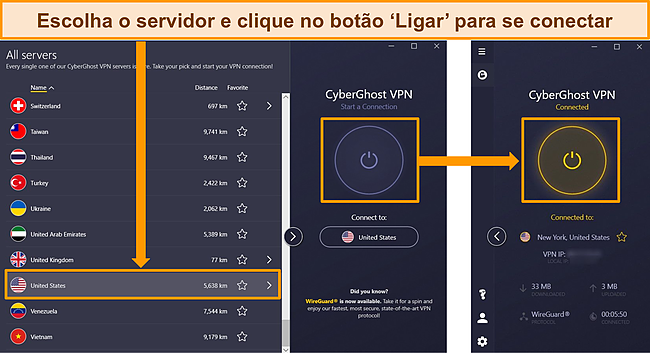 Capturas de tela do menu do servidor do CyberGhost detalhando como se conectar a um servidor dos EUA.