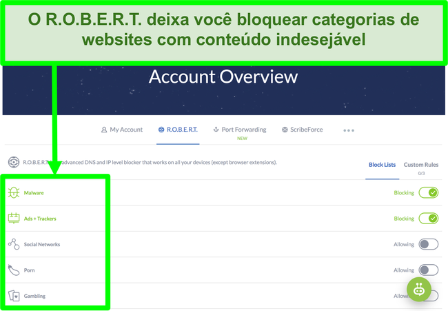 Captura de tela da página de configurações do Winscribe exibindo opções para bloquear anúncios, malware e categorias de sites