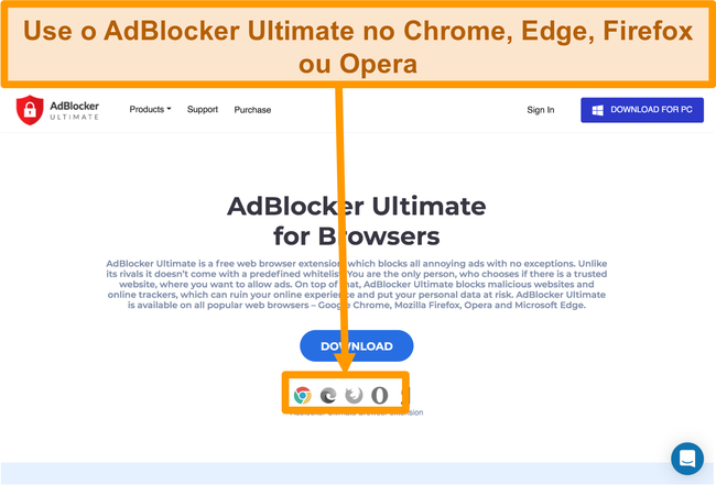 Captura de tela do site AdBlocker Ultimate exibindo as 4 extensões de navegador disponíveis