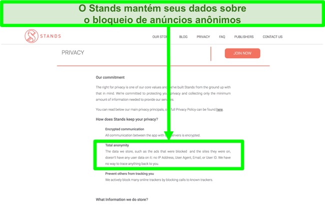 Captura de tela do site Stands informando que os dados que possui sobre anúncios bloqueados nunca estão vinculados às informações pessoais dos usuários