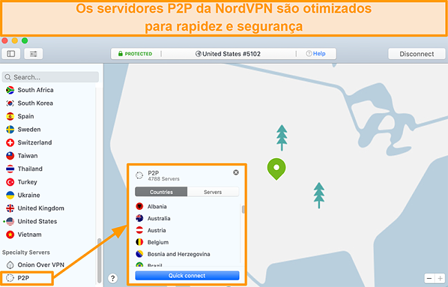 Captura de tela dos servidores P2P do NordVPN no aplicativo Mac