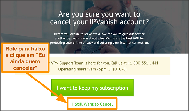 Captura de tela da confirmação de cancelamento do IPVanish na área de trabalho