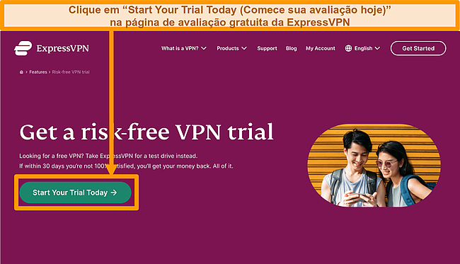 Captura de tela da página de avaliação gratuita do ExpressVPN na área de trabalho.